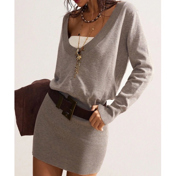 Classic Solid V neck Light Knit Long Sleeve Sweater Dress - Picture 2 of 5